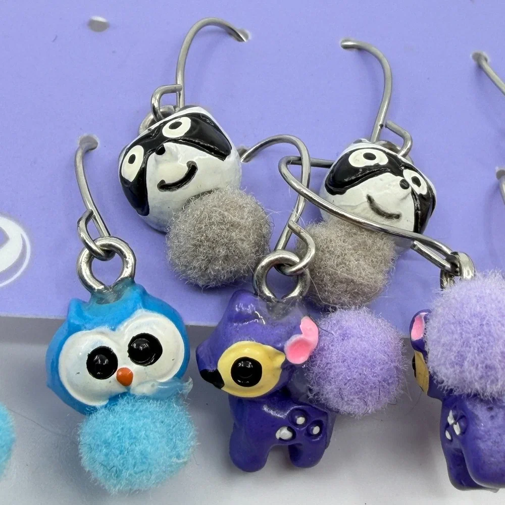 Claire's 6 Pair Animal Pom Pom Dangle Earrings Owl Bunny Fox Raccoon Cute Y2K